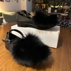 OPENING CEREMONY Black Leather Mary Jane Flats With Detachable Faux Fur